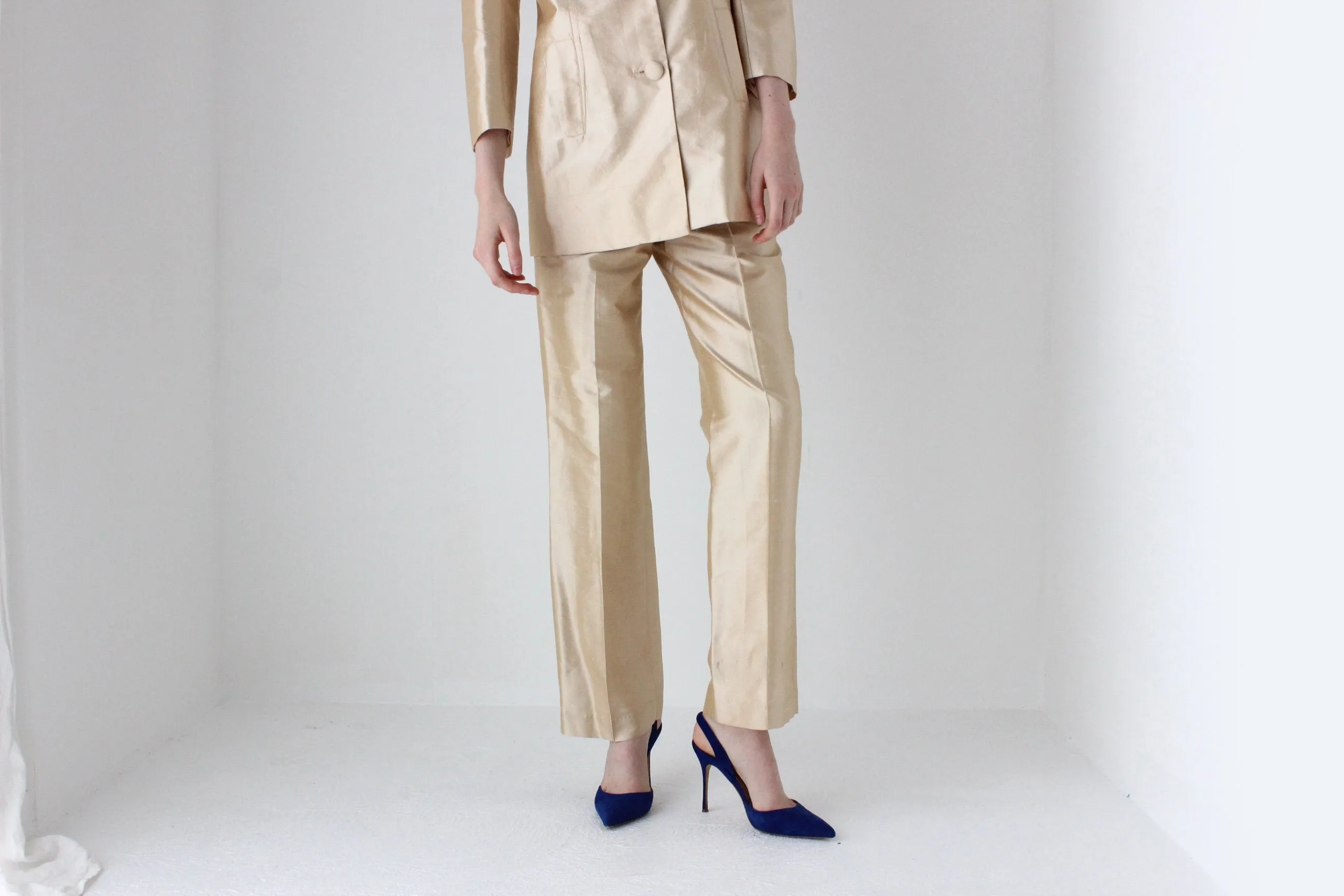 1980s Neiman Marcus Champagne Raw Silk Two Piece Bridal Pant Suit
