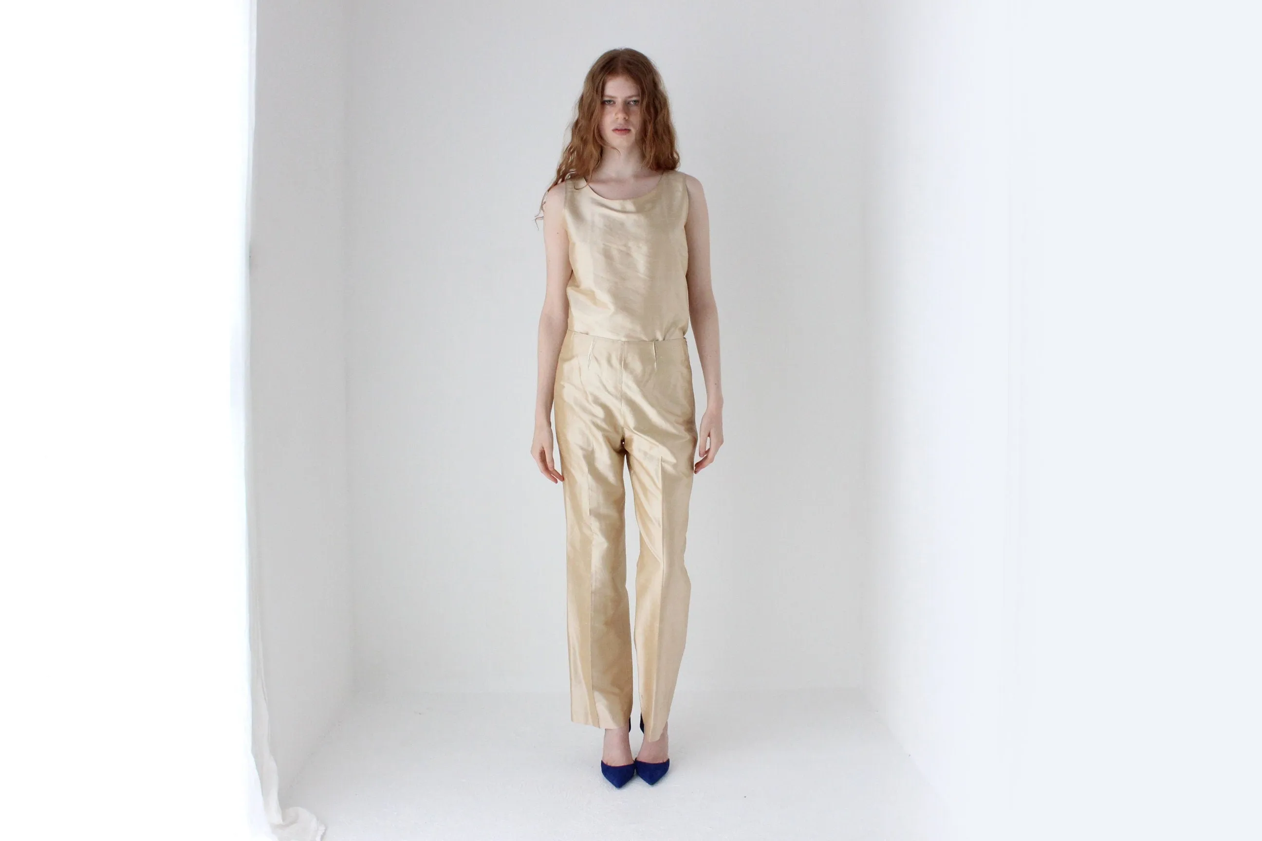 1980s Neiman Marcus Champagne Raw Silk Two Piece Bridal Pant Suit