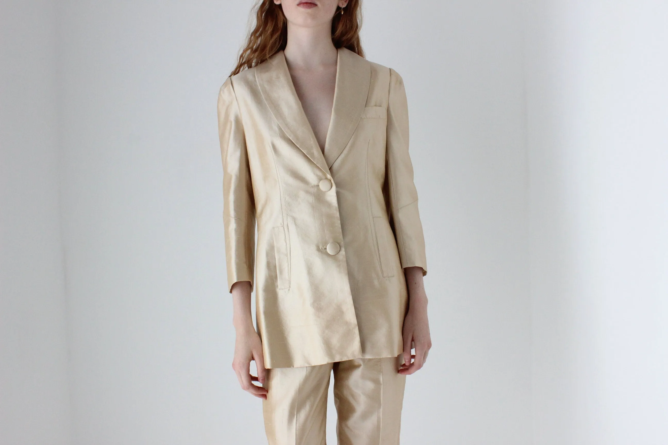 1980s Neiman Marcus Champagne Raw Silk Two Piece Bridal Pant Suit
