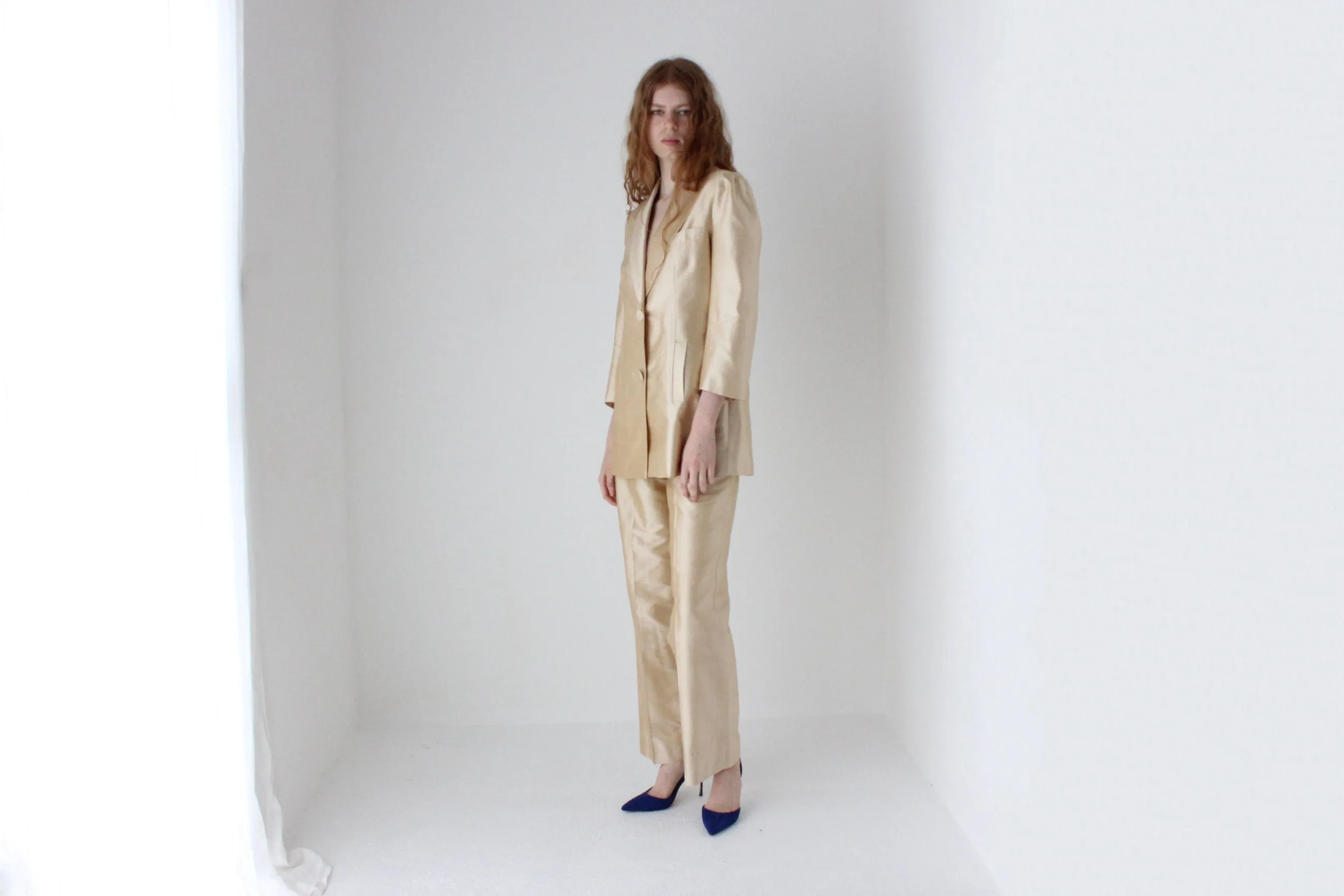 1980s Neiman Marcus Champagne Raw Silk Two Piece Bridal Pant Suit