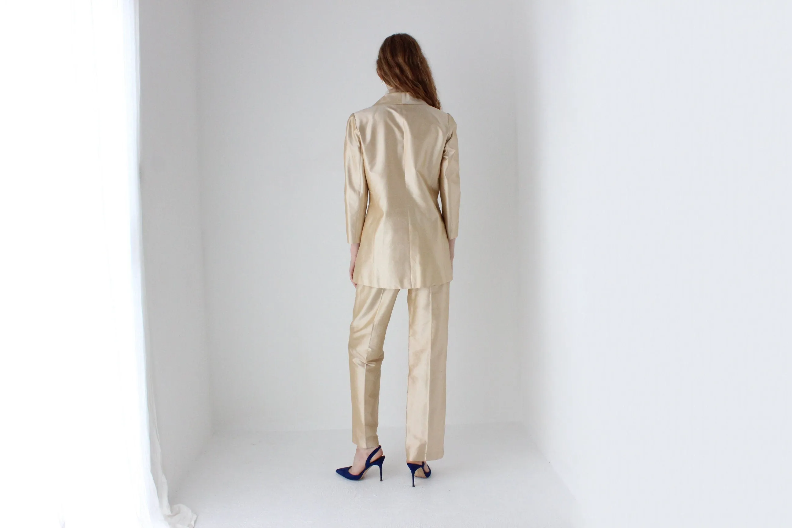 1980s Neiman Marcus Champagne Raw Silk Two Piece Bridal Pant Suit
