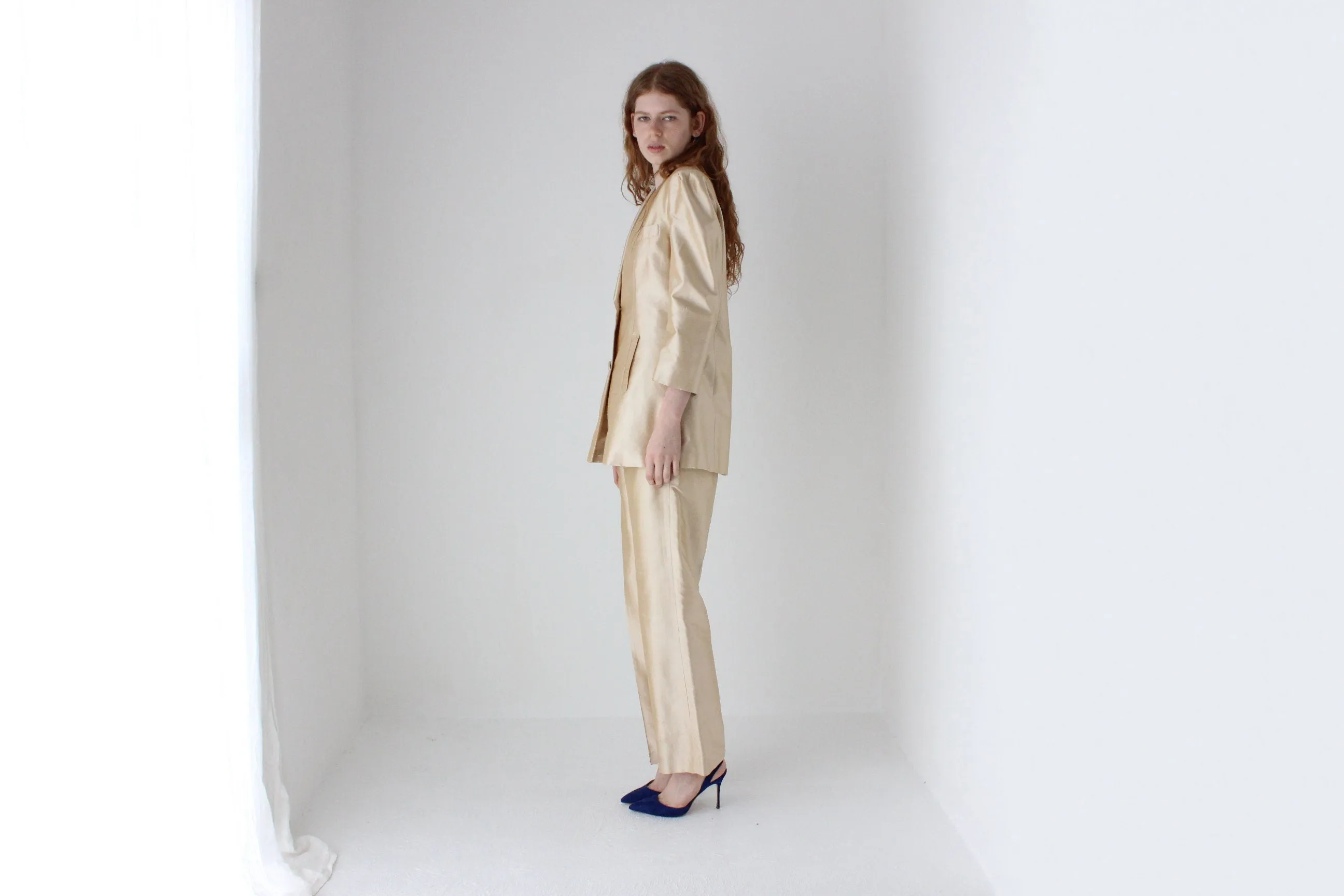 1980s Neiman Marcus Champagne Raw Silk Two Piece Bridal Pant Suit
