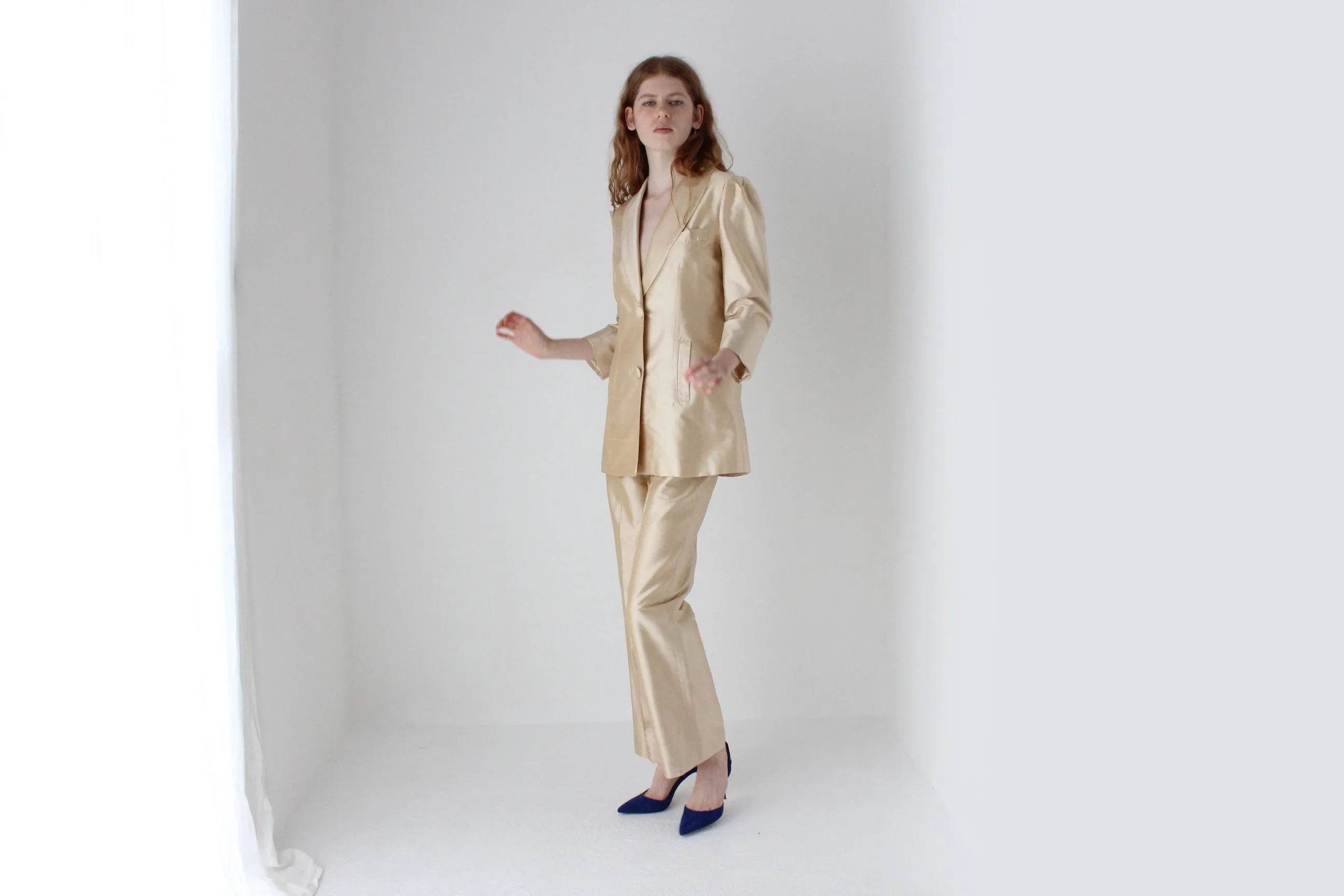 1980s Neiman Marcus Champagne Raw Silk Two Piece Bridal Pant Suit