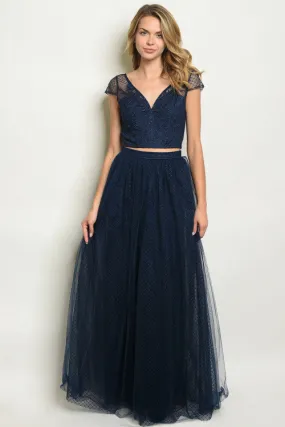 2pc Navy Blue Lace Top and Skirt Set