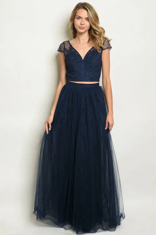 2pc Navy Blue Lace Top and Skirt Set