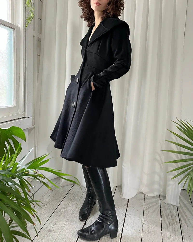 40s Black Wool Princess Coat | XS