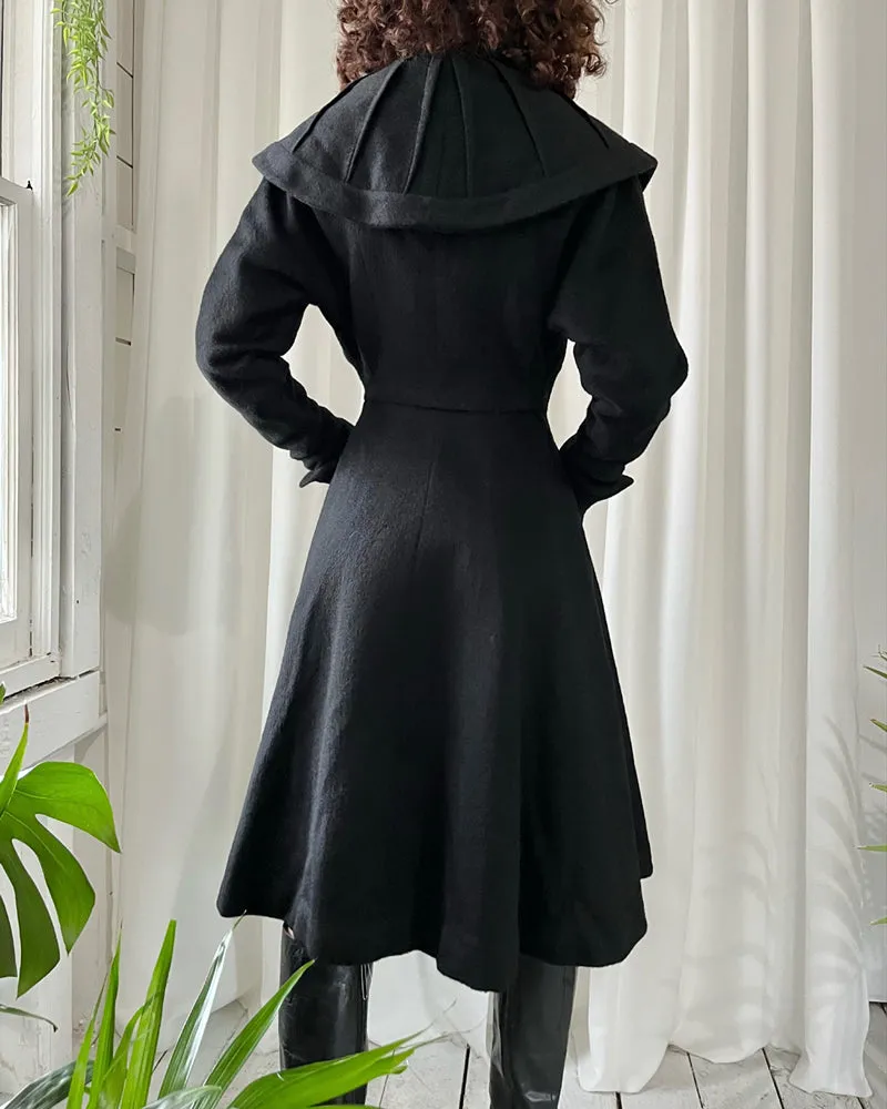 40s Black Wool Princess Coat | XS
