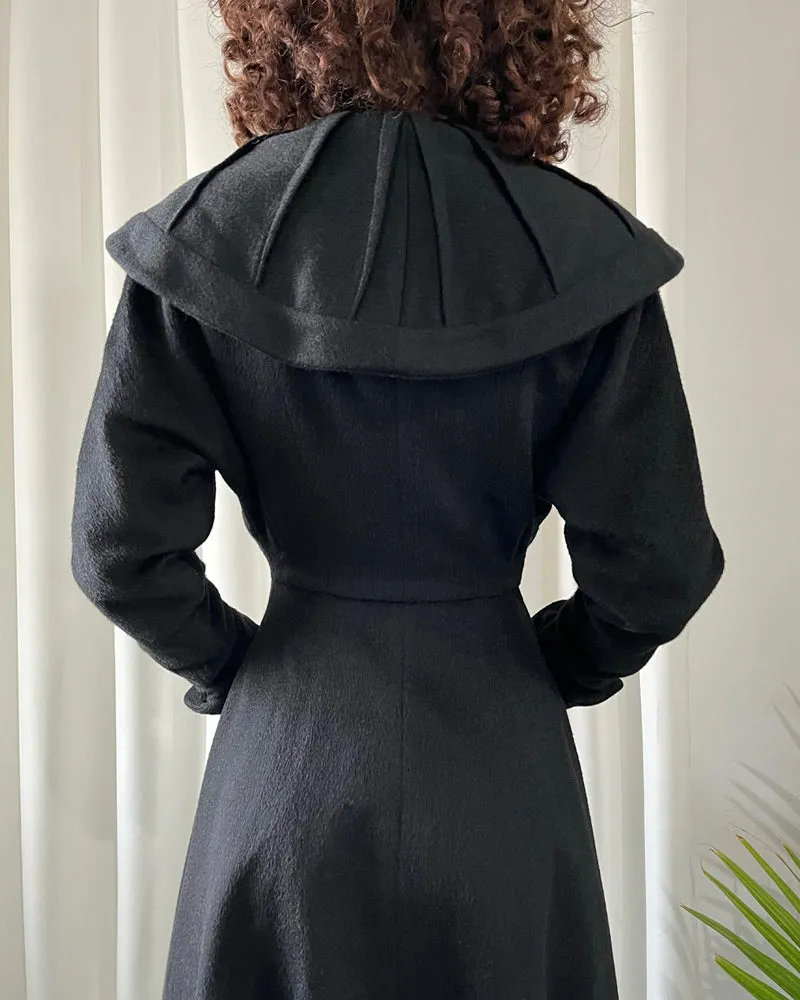 40s Black Wool Princess Coat | XS