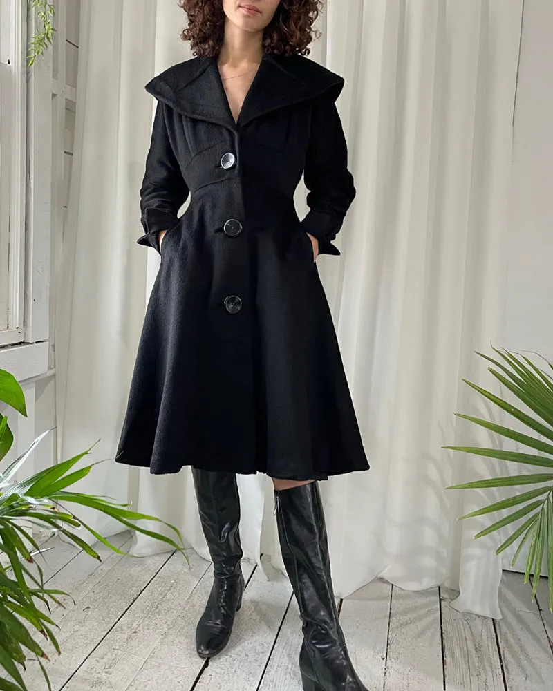 40s Black Wool Princess Coat | XS
