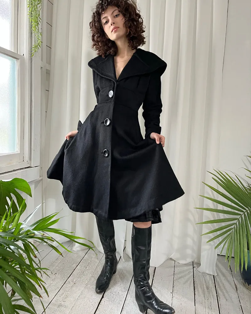 40s Black Wool Princess Coat | XS