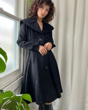40s Black Wool Princess Coat | XS