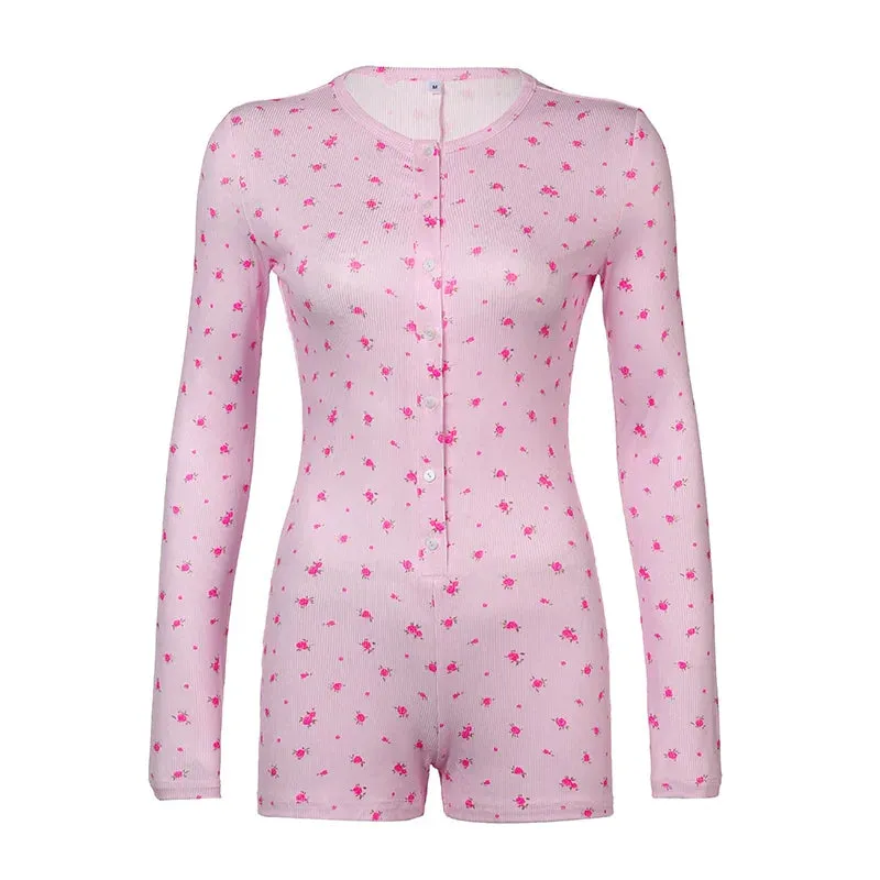 Amozae Floral Print Button Up Jumpsuit Sweet Style Women Long Sleeve Pink Rompers Casual Fall Homewear Y2K Lady Playsuit