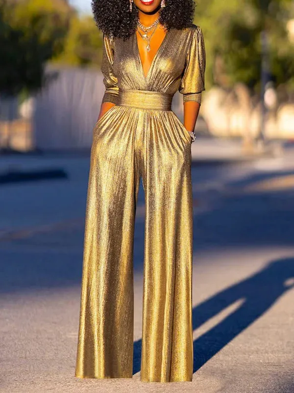Amozae-Women's Solid Color Jumpsuit Deep V-neck Three-Quarter Sleeves High Waist Wide Leg Oe-piece Suit Summer Casual Jumpsuits