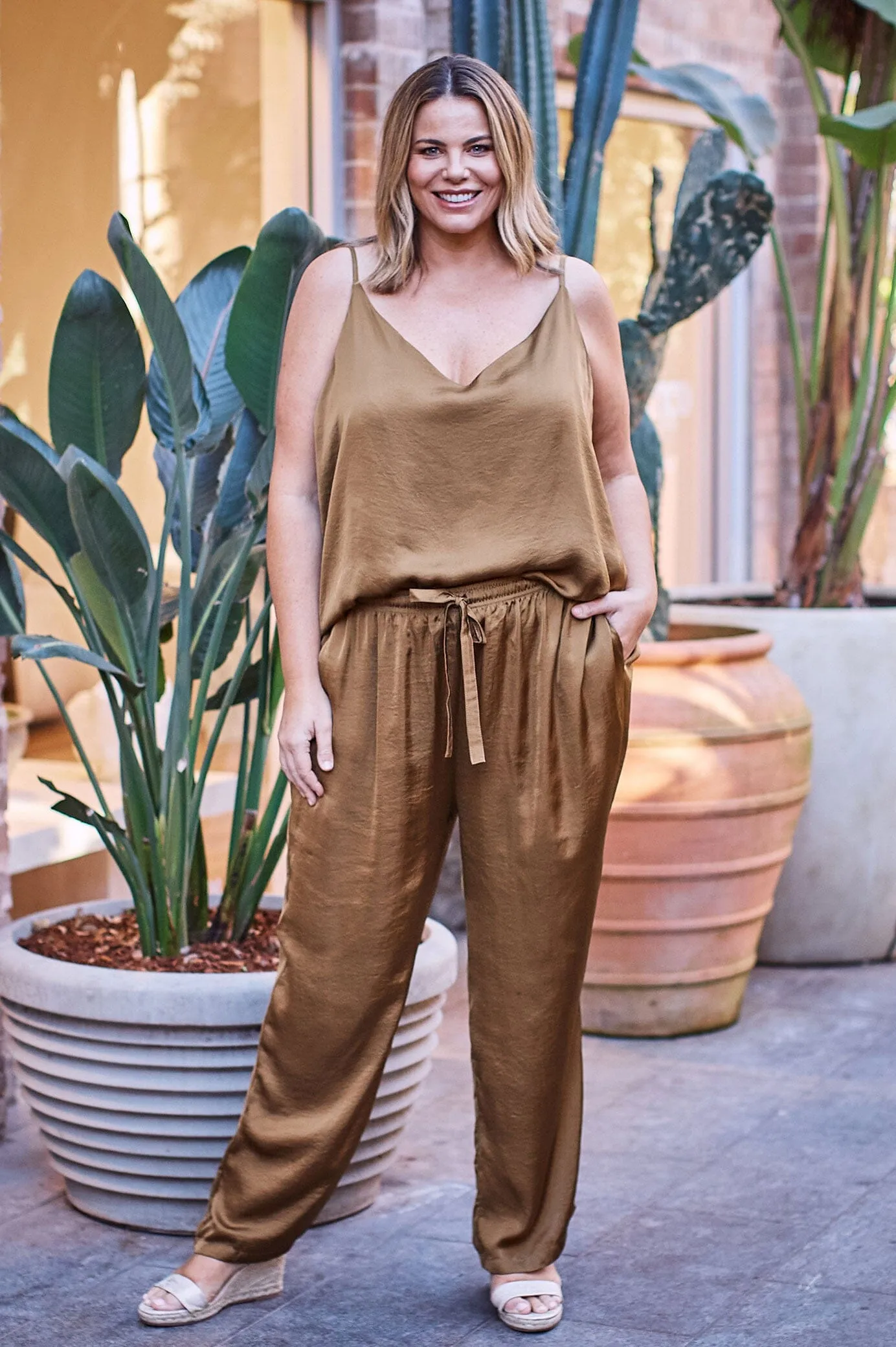 Ana Camisole Top Khaki with V Neck
