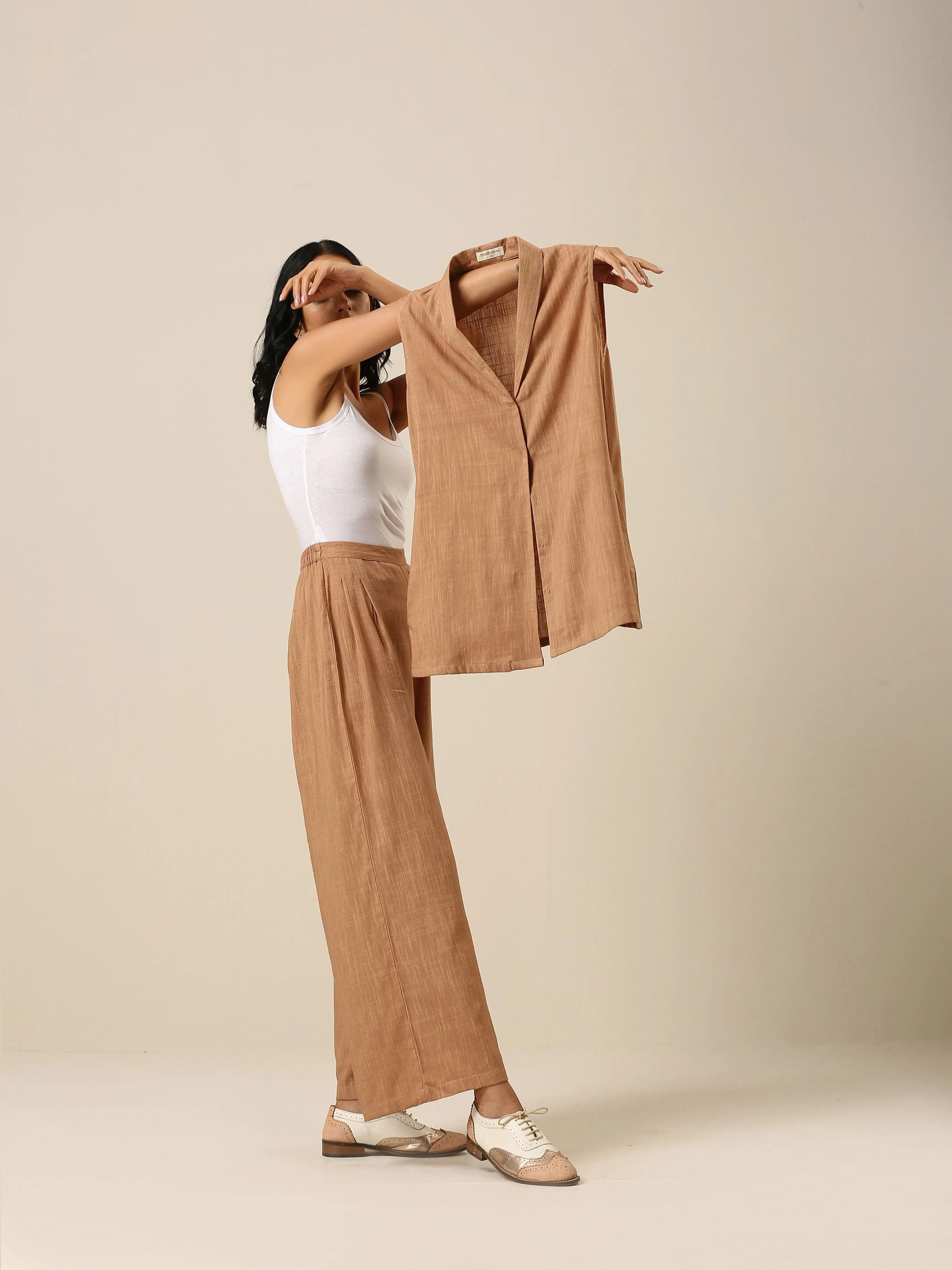 Beige Slub Texture Sleevesless Jacket Pant Set