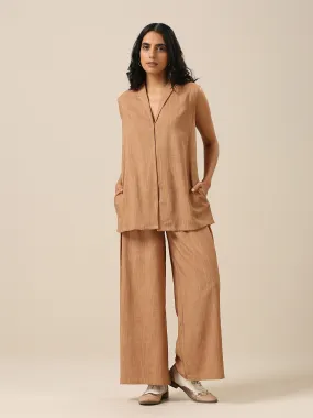Beige Slub Texture Sleevesless Jacket Pant Set