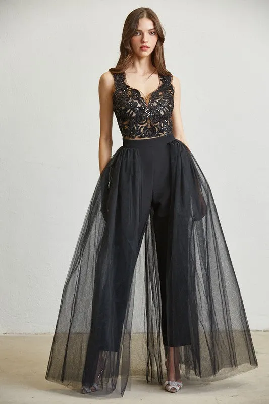 Black Embroidered Mesh Tulle Jumpsuit