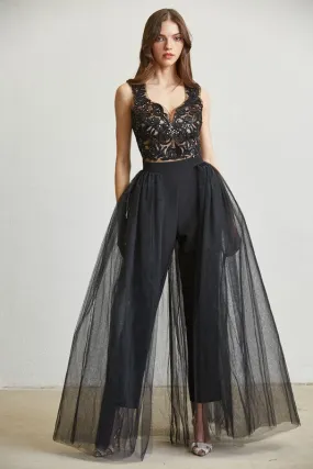 Black Embroidered Mesh Tulle Jumpsuit