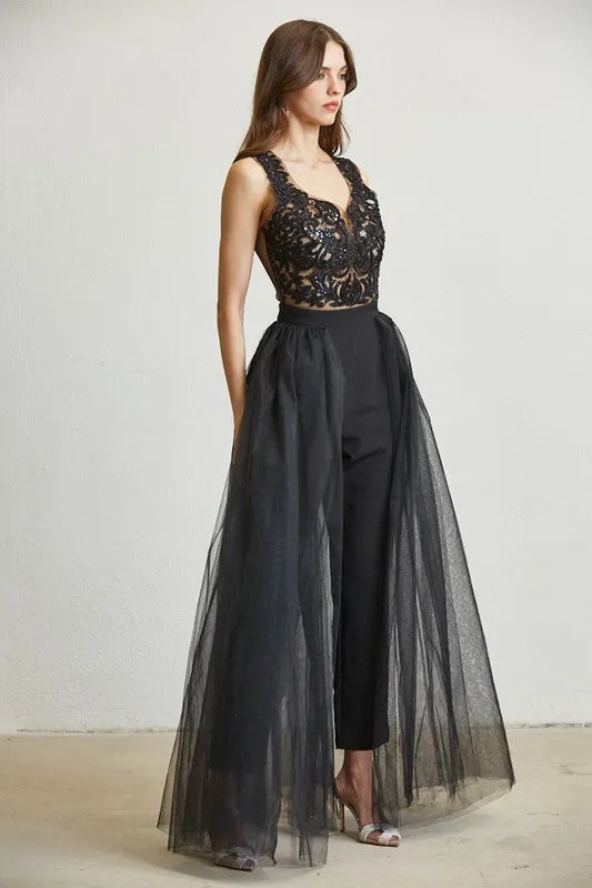 Black Embroidered Mesh Tulle Jumpsuit