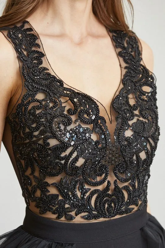 Black Embroidered Mesh Tulle Jumpsuit