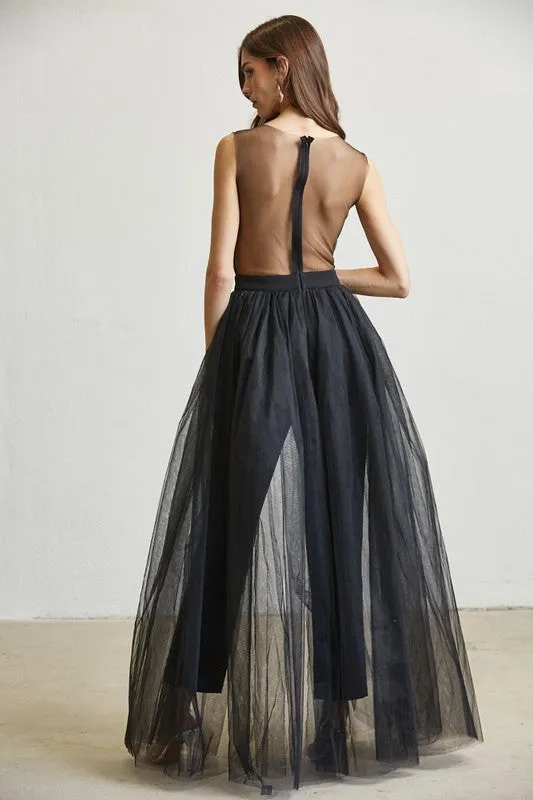 Black Embroidered Mesh Tulle Jumpsuit