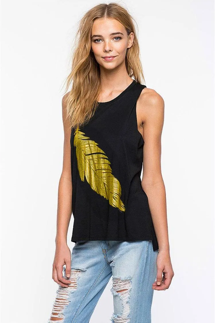 Black Leafy Print Tank Top