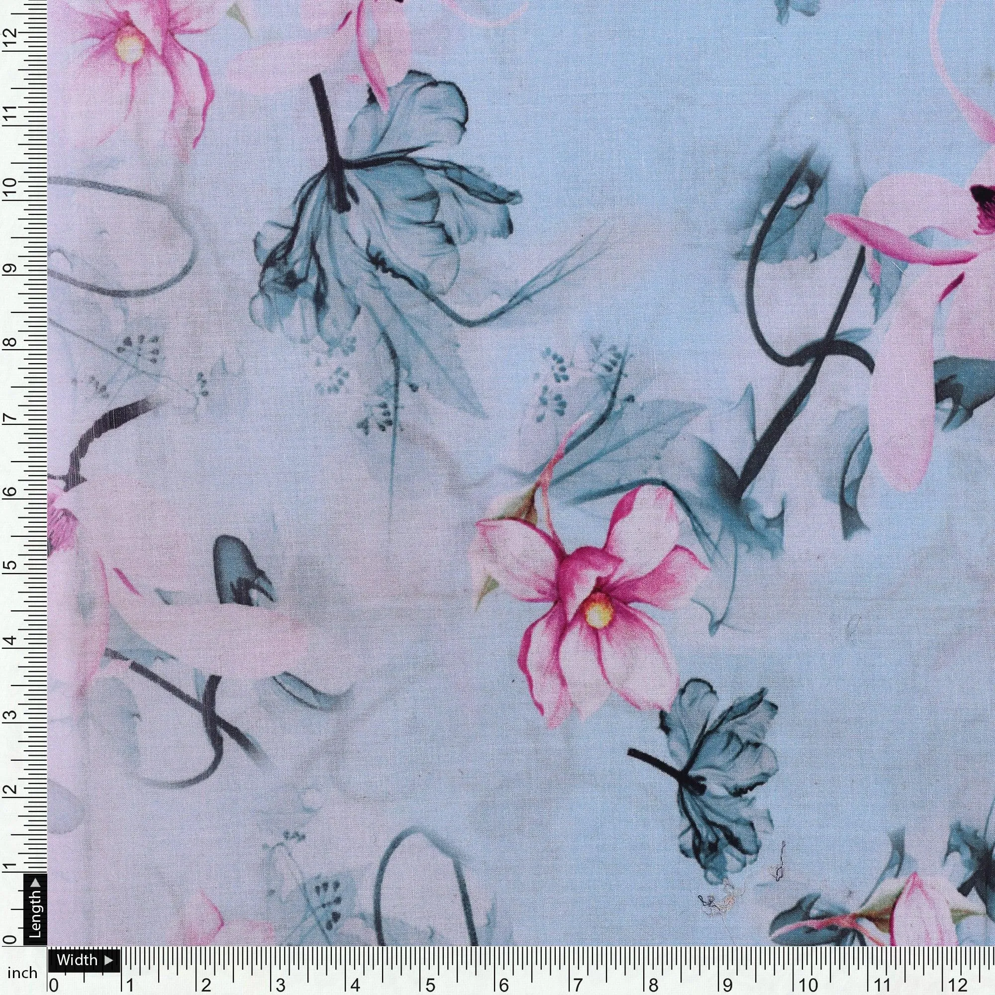 Blue Floral Digital Printed Fabric - Pure Cotton
