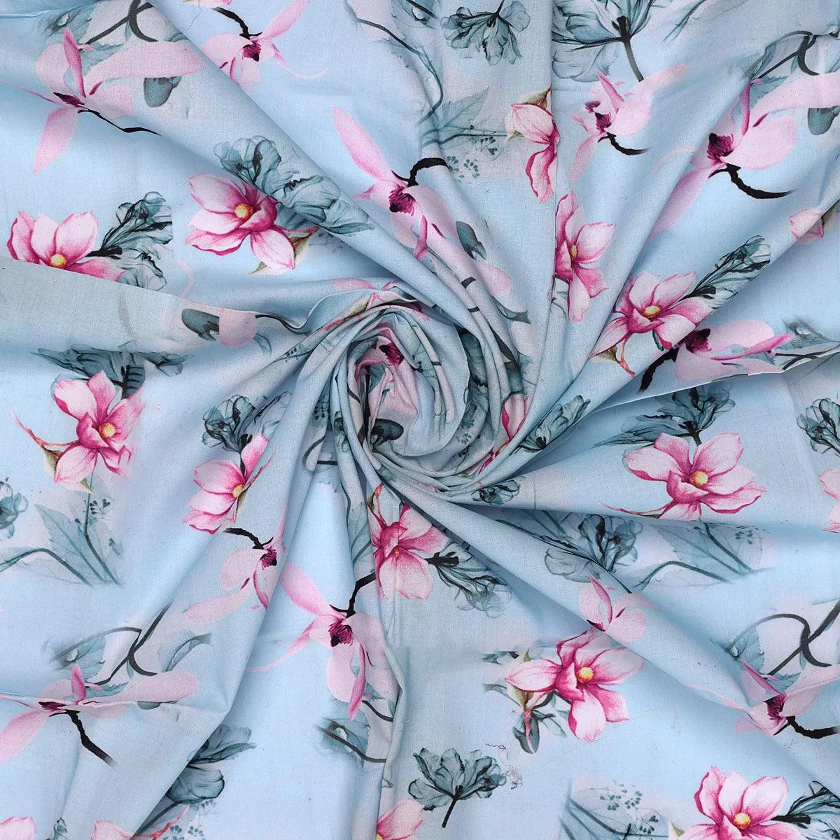 Blue Floral Digital Printed Fabric - Pure Cotton