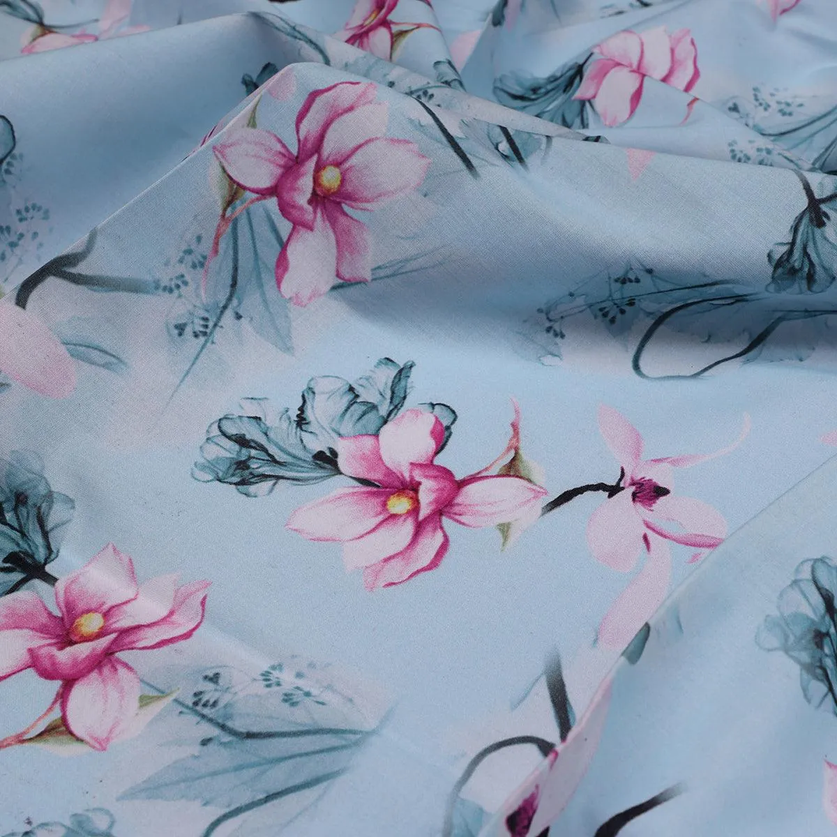 Blue Floral Digital Printed Fabric - Pure Cotton