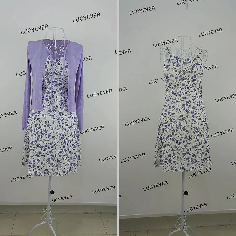 Bonnyshow Summer Purple Two-piece Sets Dress for Women Floral Slip Mini Dress Sunscreen Shawl Cardigan Woman  New Sundress
