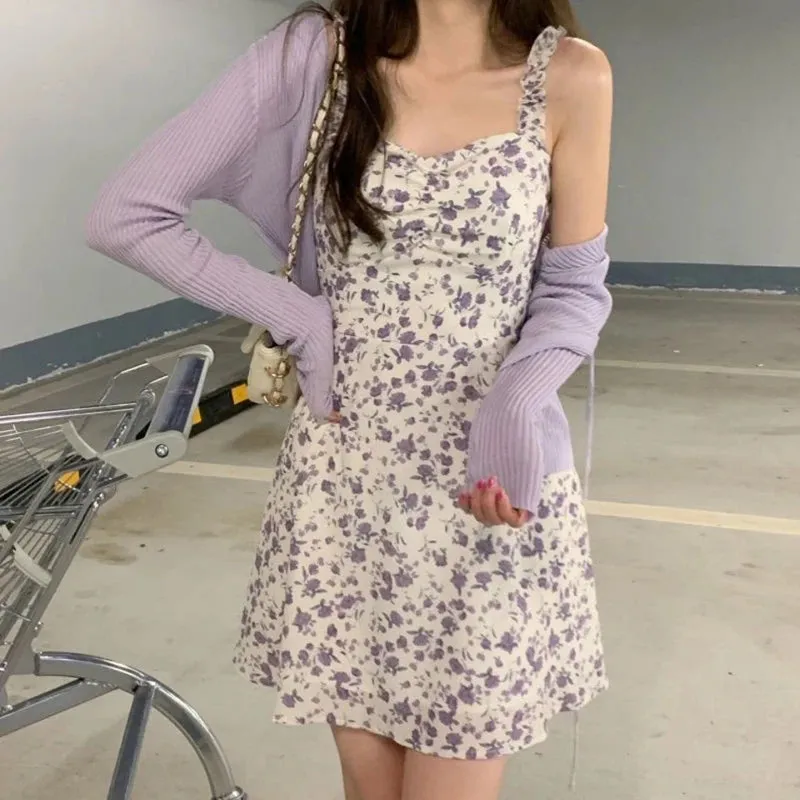 Bonnyshow Summer Purple Two-piece Sets Dress for Women Floral Slip Mini Dress Sunscreen Shawl Cardigan Woman  New Sundress