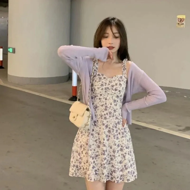 Bonnyshow Summer Purple Two-piece Sets Dress for Women Floral Slip Mini Dress Sunscreen Shawl Cardigan Woman  New Sundress
