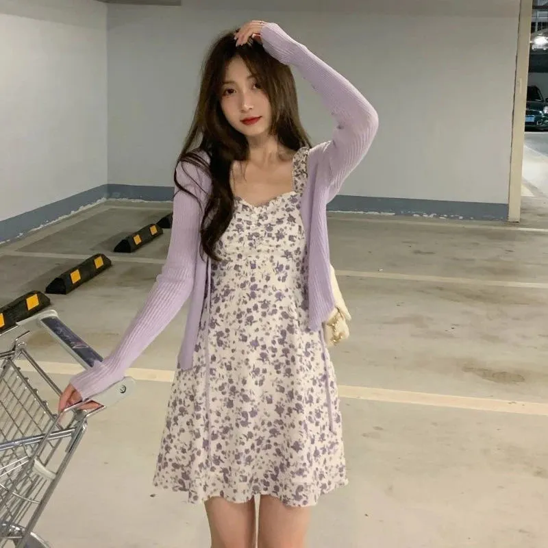 Bonnyshow Summer Purple Two-piece Sets Dress for Women Floral Slip Mini Dress Sunscreen Shawl Cardigan Woman  New Sundress