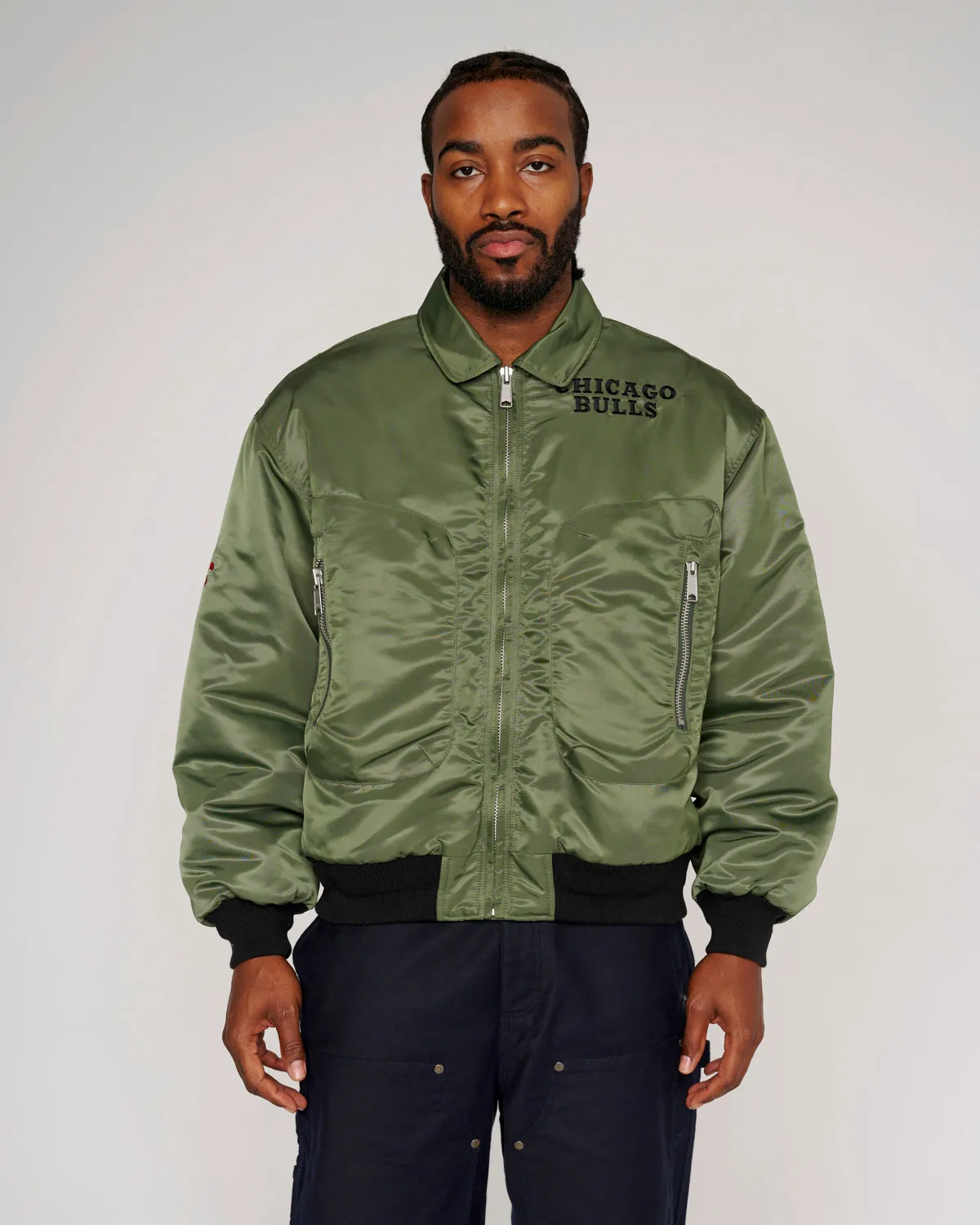 Brain Dead x NBA Chicago Bulls Flight Jacket - Olive