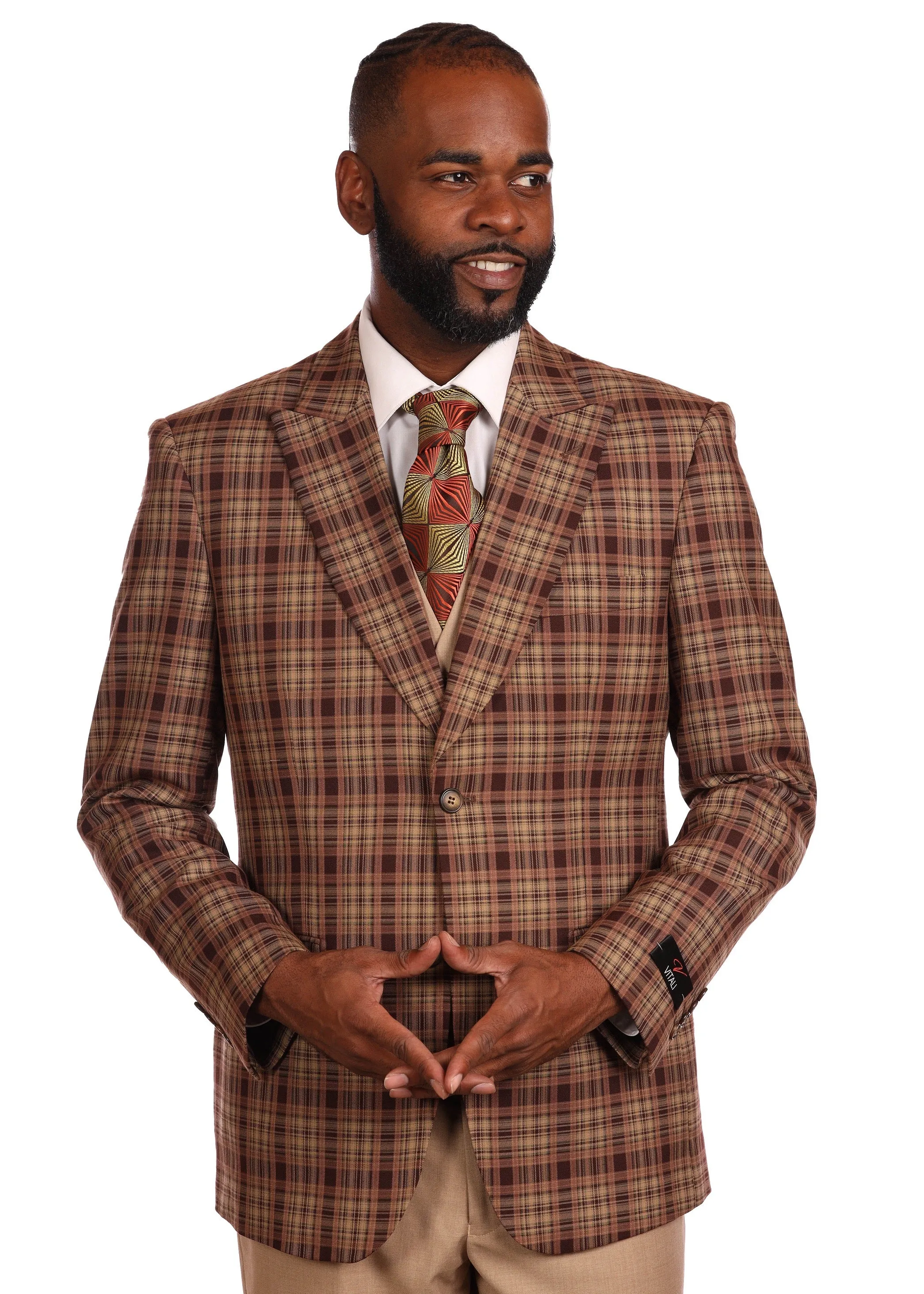 BROWN MEN'S VITALI SUIT THREE PIECES VESTED MODERN-FIT PEAK LAPEL FLAT FRONT PANTS