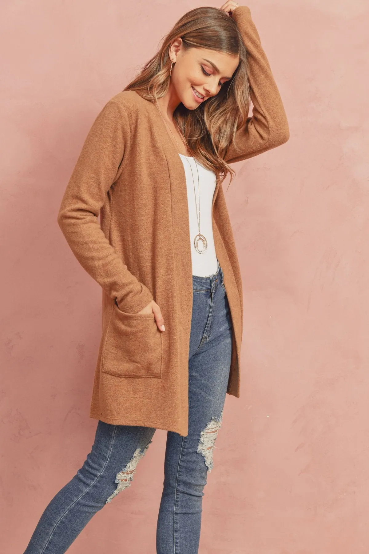 Brushed Melange Open Front Cardigan