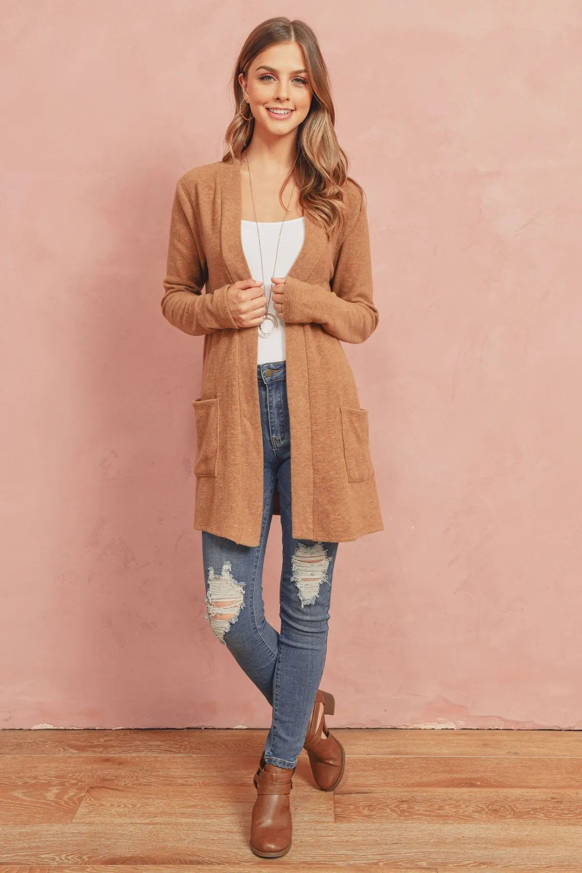Brushed Melange Open Front Cardigan