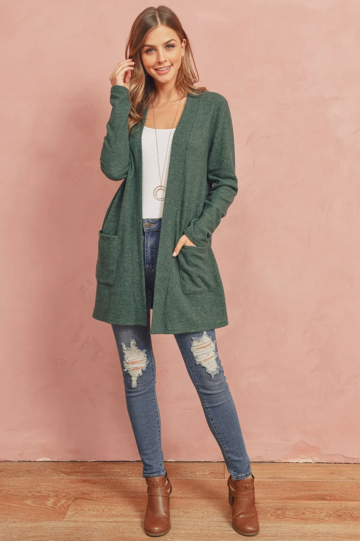 Brushed Melange Open Front Cardigan