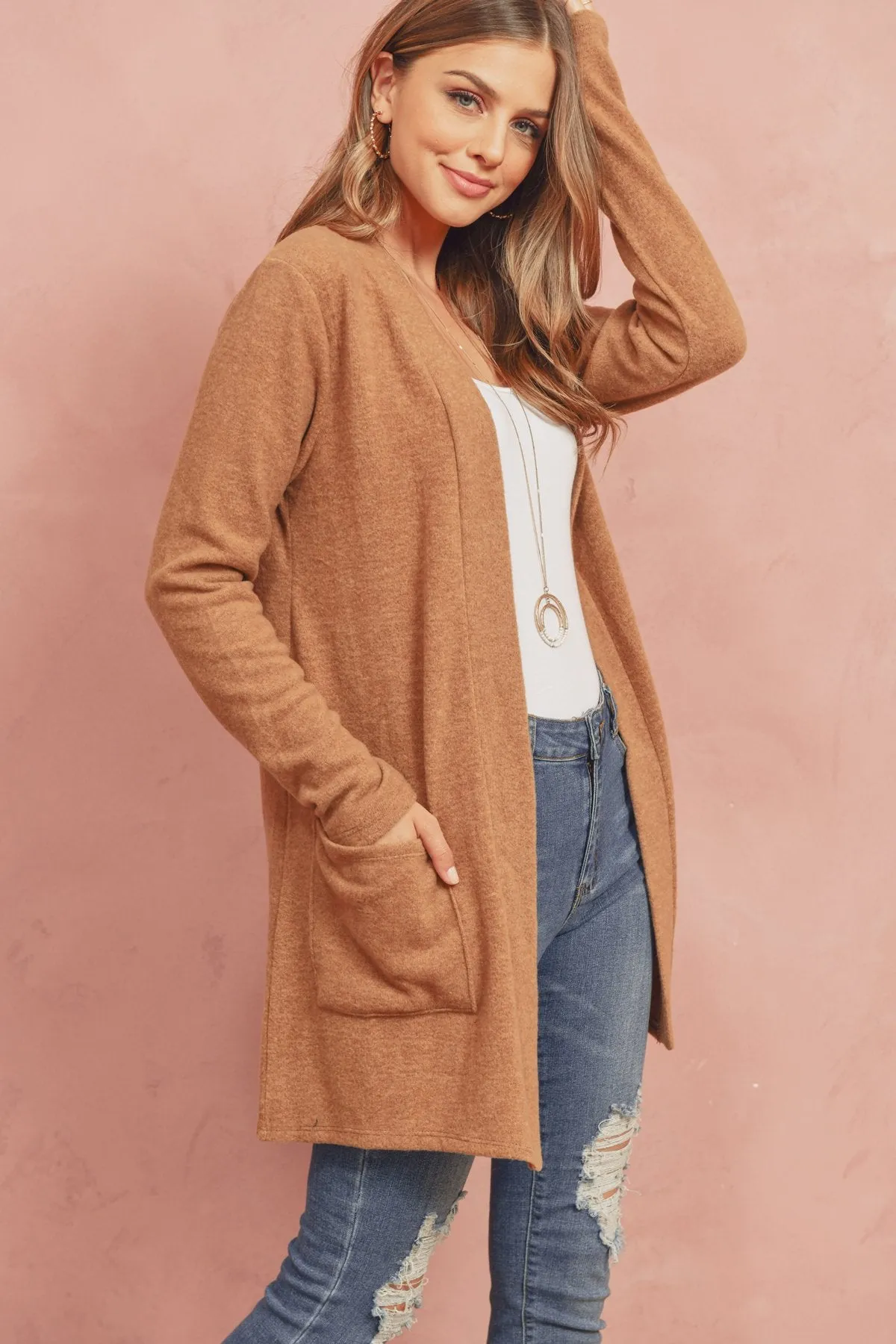 Brushed Melange Open Front Cardigan