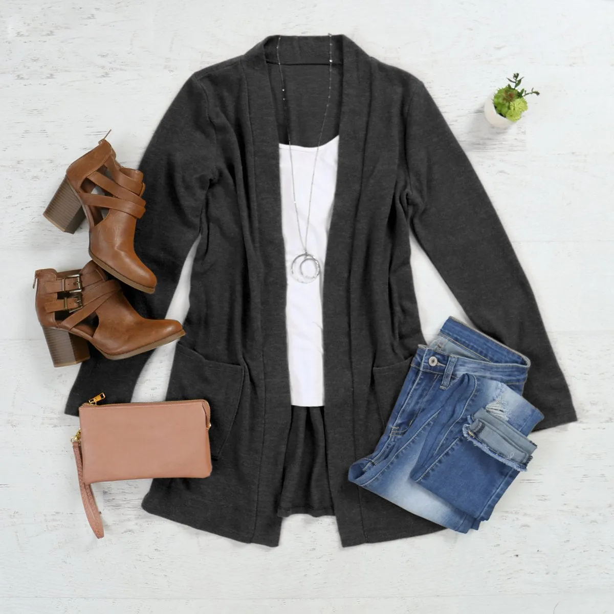 Brushed Melange Open Front Cardigan
