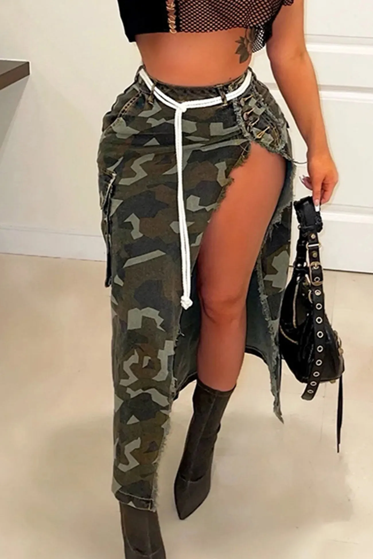 Camouflage Side Slit Midi Skirt