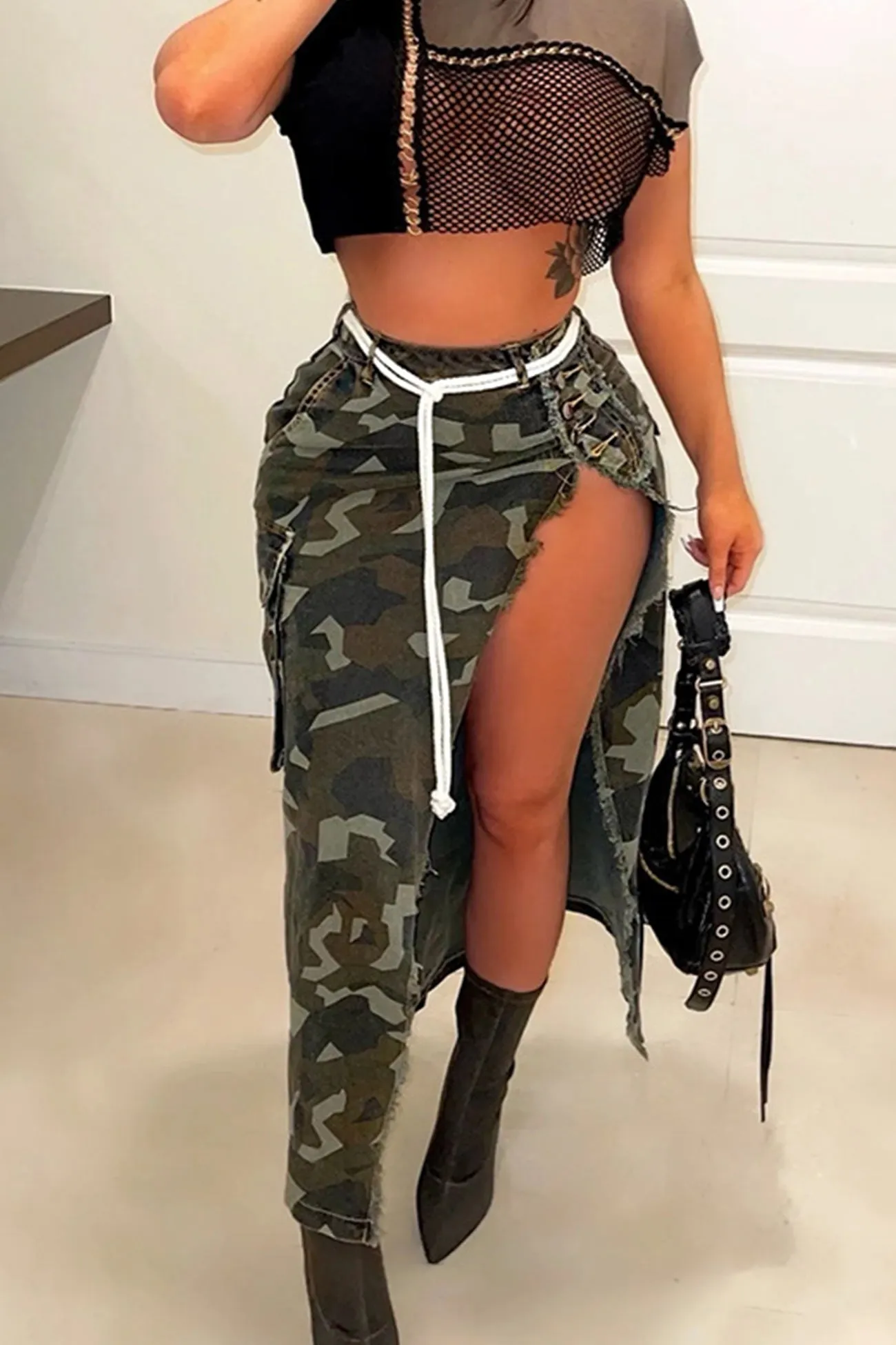 Camouflage Side Slit Midi Skirt