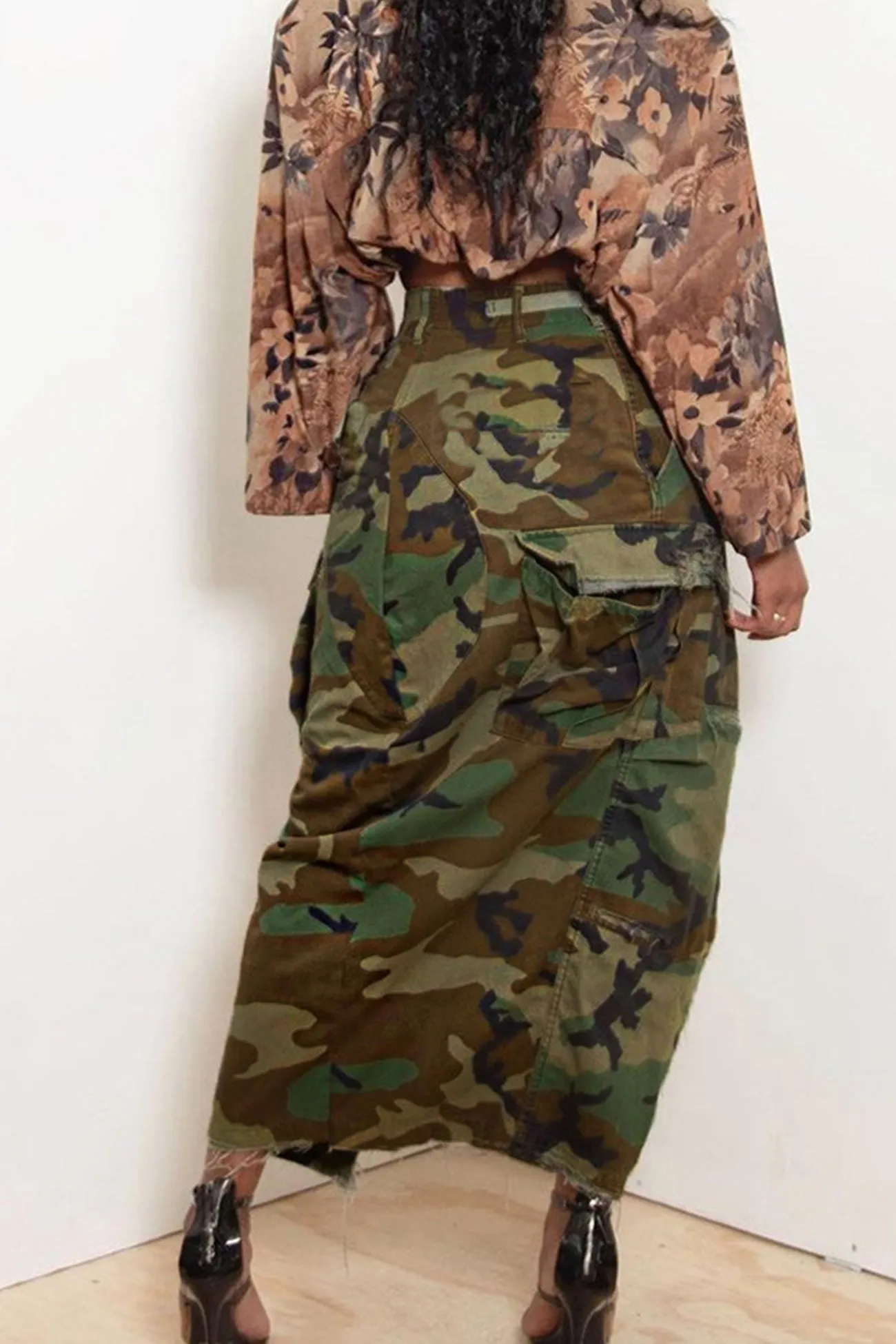 Camouflage Side Slit Midi Skirt