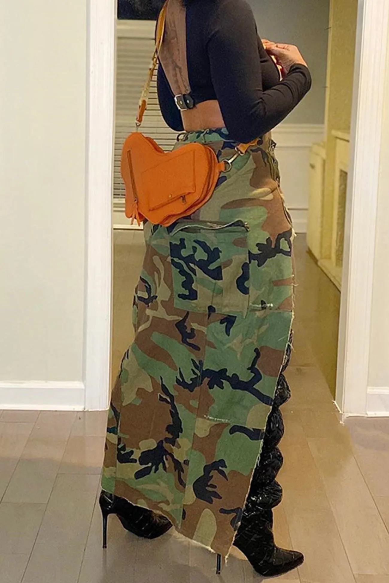 Camouflage Side Slit Midi Skirt