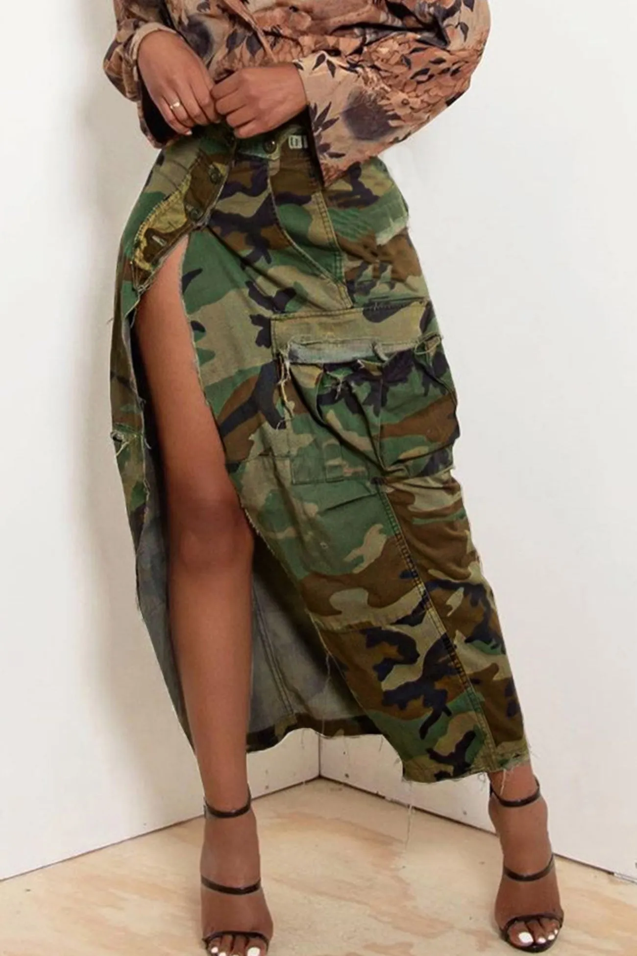 Camouflage Side Slit Midi Skirt