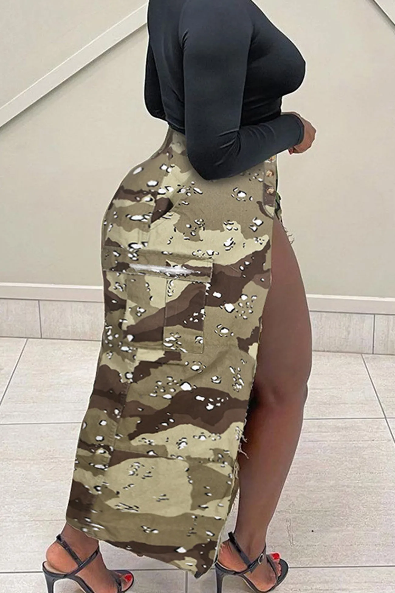 Camouflage Side Slit Midi Skirt
