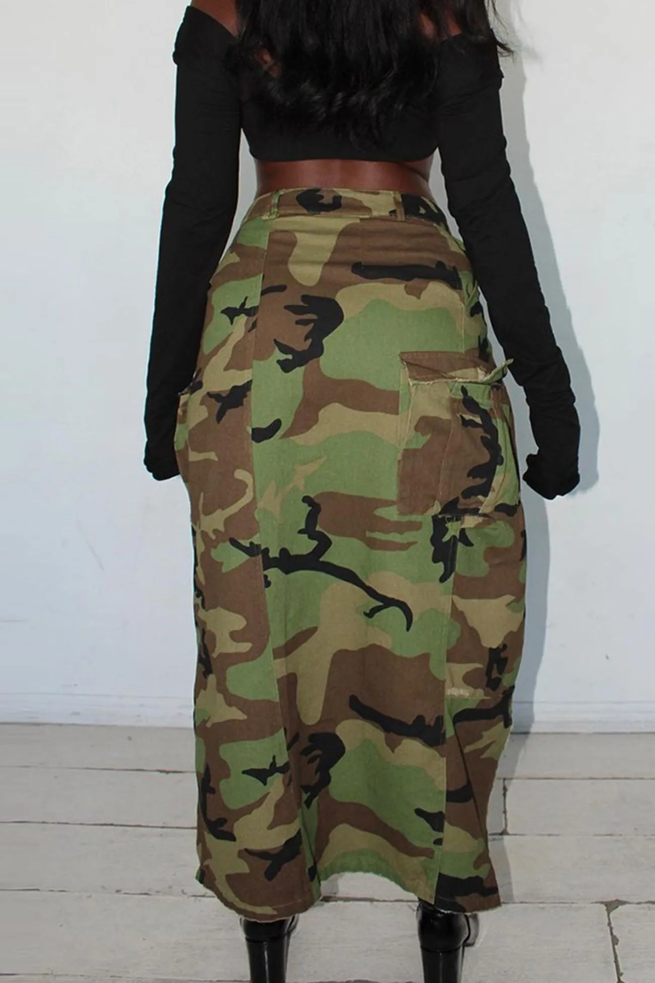 Camouflage Side Slit Midi Skirt