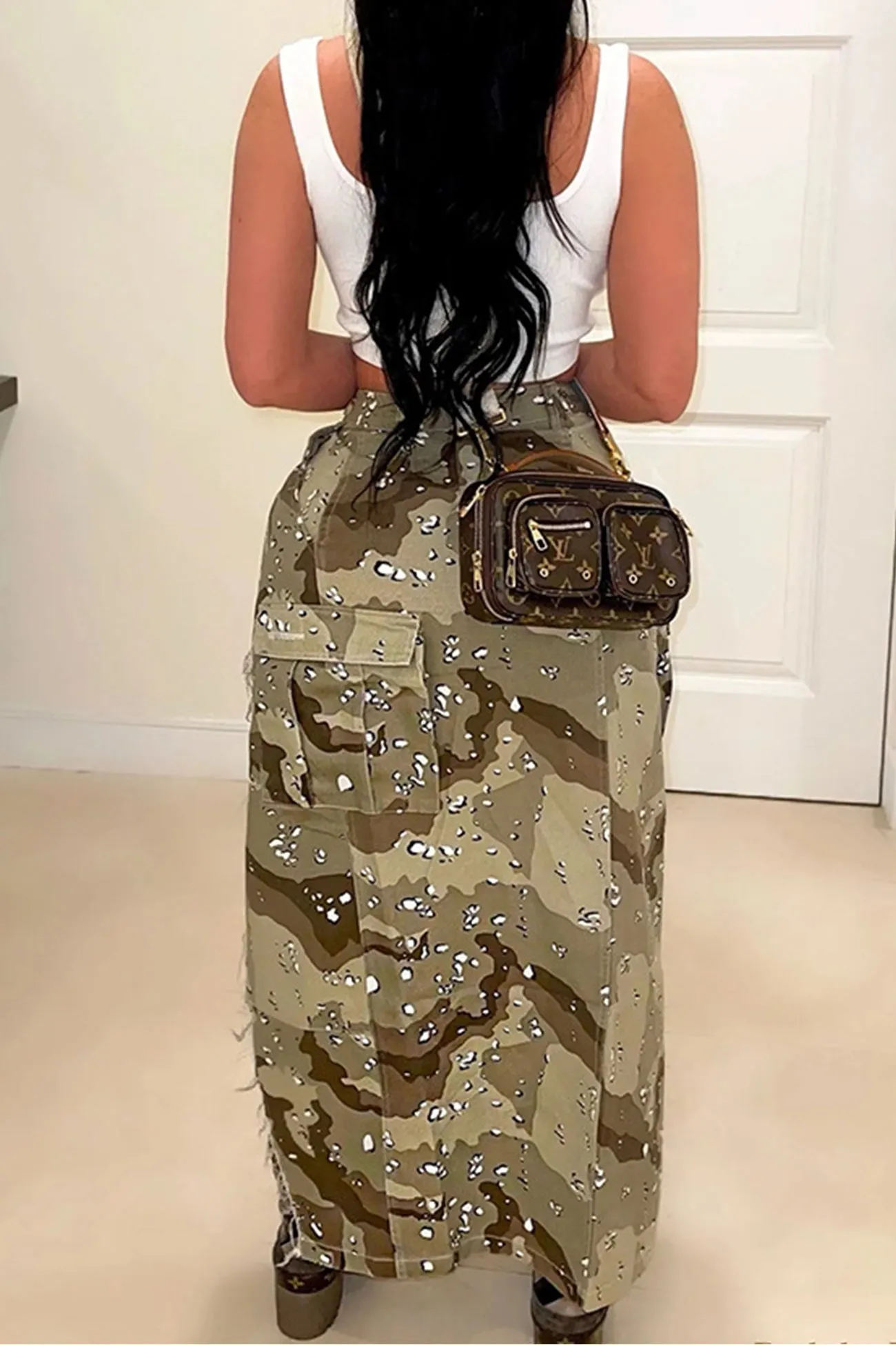 Camouflage Side Slit Midi Skirt
