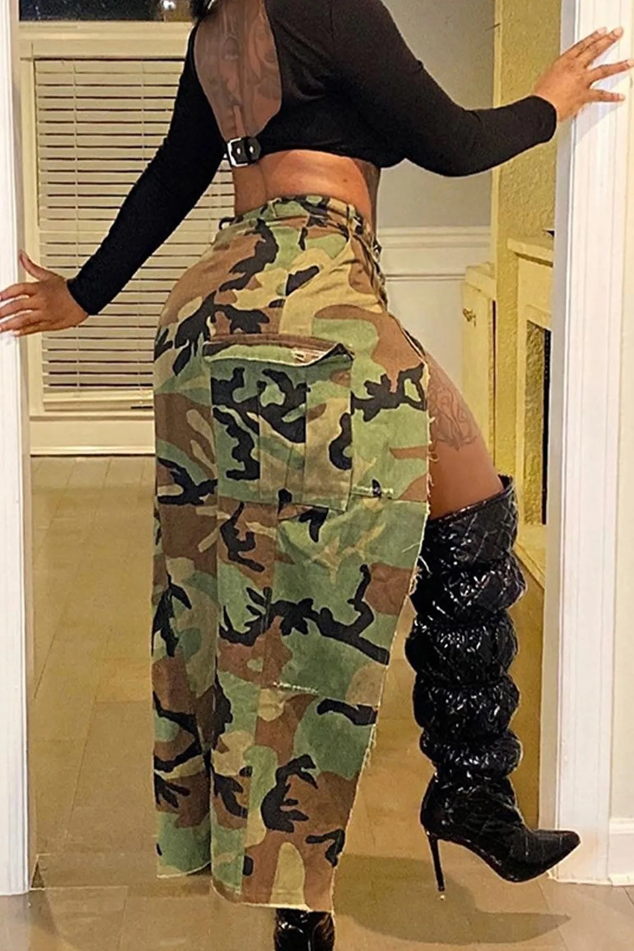 Camouflage Side Slit Midi Skirt