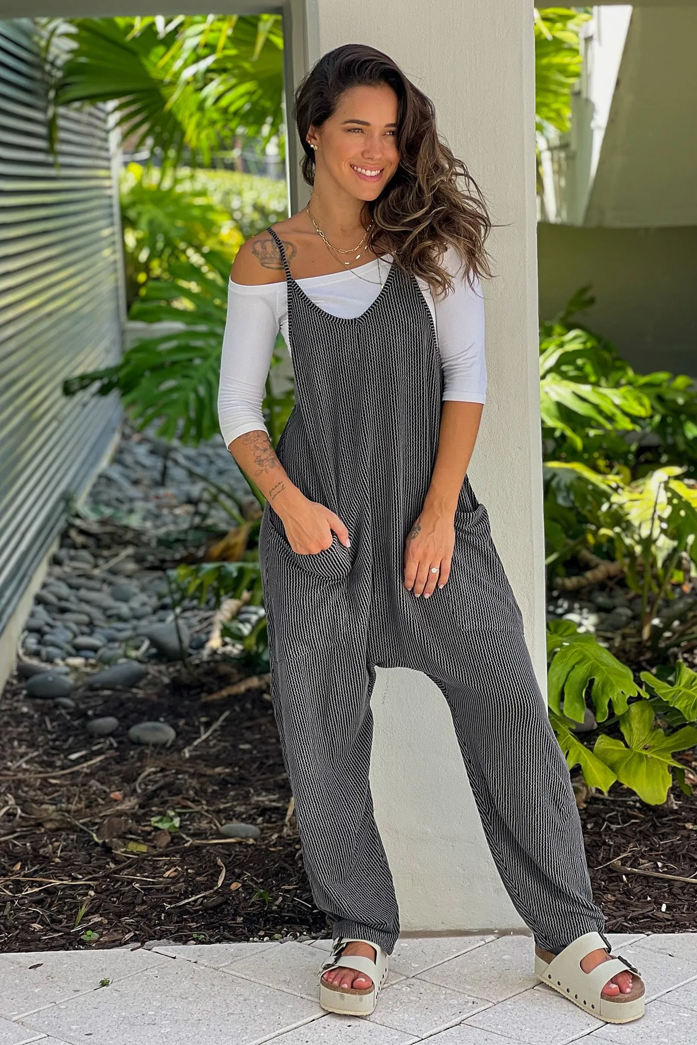 Charcoal Black Ribbed Jumpsuit With Pockets